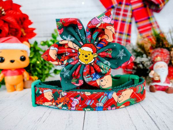 Christmas dog collar with flower - bears and plaids