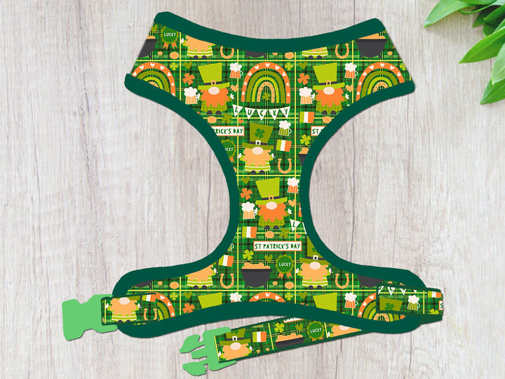 St. Patrick's Day dog harness - Plaid and Gnomes