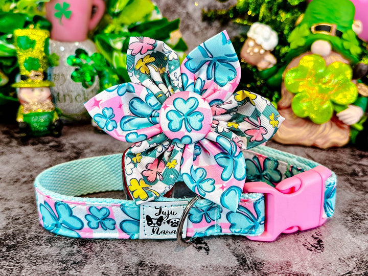 St. Patrick's Day dog collar with flower - Pink Shamrock