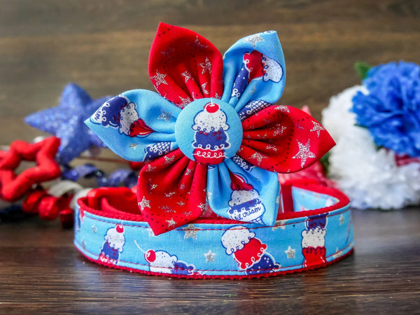 Patriotic dog collar flower/ 4th of July dog collar bow/ Girl dog collar/ blue red ice cream collar/ large small collar/ Memorial day collar