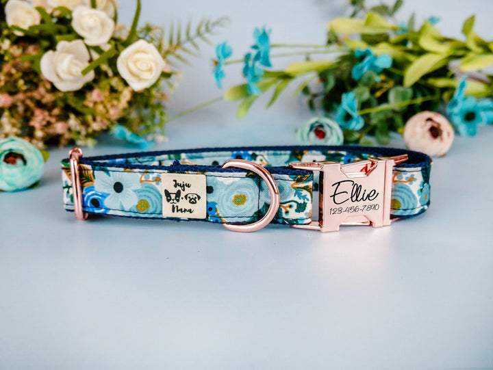 Floral rifle paper co dog collar/ Personalized Laser Engraved Buckle Dog Collar/ girl flower dog collar/ boho blue female fabric collar