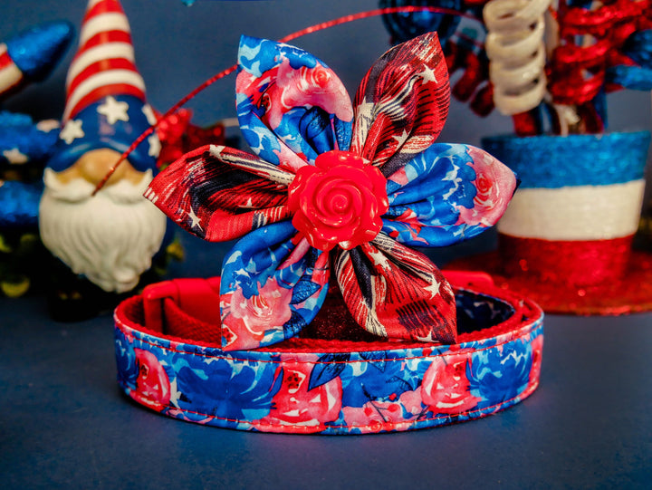 Patriotic floral rose dog collar flower/ cute girl dog collar/ 4th of July dog collar/ Memorial day collar/ blue red  female dog collar