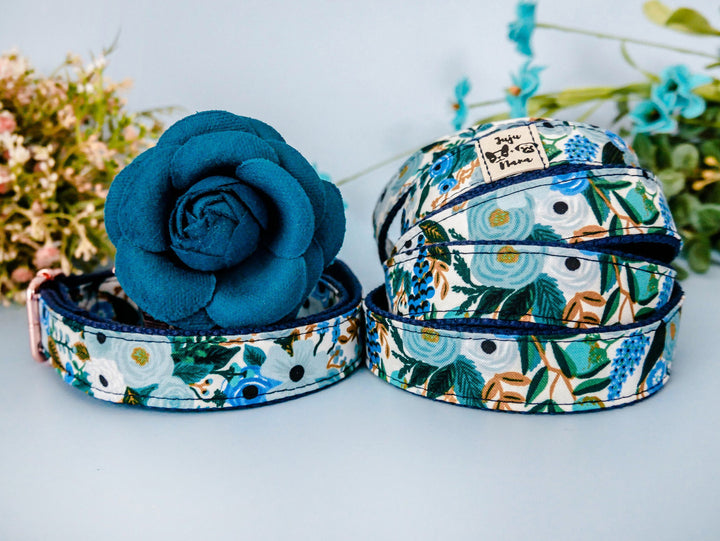 Dog collar with flower - Garden party blue