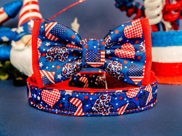 Patriotic heart dog collar bow tie/ Boy cute dog collar/ plaid leopard dog collar/ 4th July collar/ small large collar/ memorial day collar
