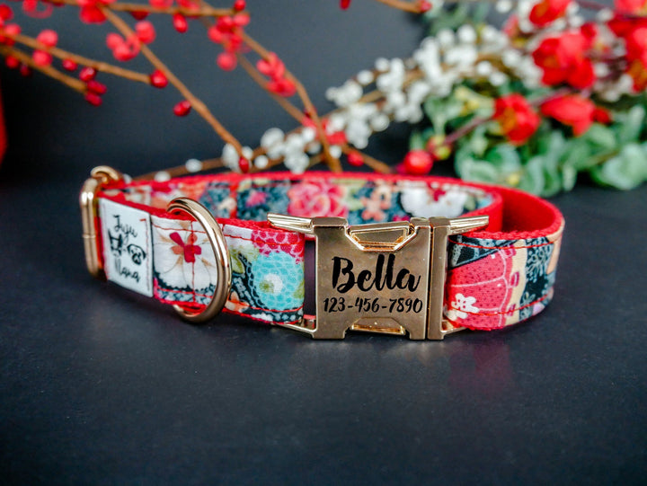 japanese kimono floral dog collar/ personalized Laser engraved buckle dog collar/ girl Flower dog collar/ female red black custom collar