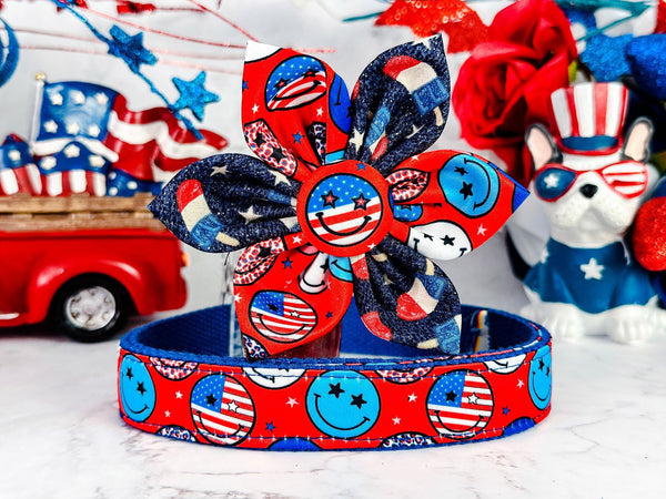 Patriotic smiley face dog collar flower/ 4th of July Girl dog collar/ cute american collar/ large small usa collar/ Memorial day dog collar