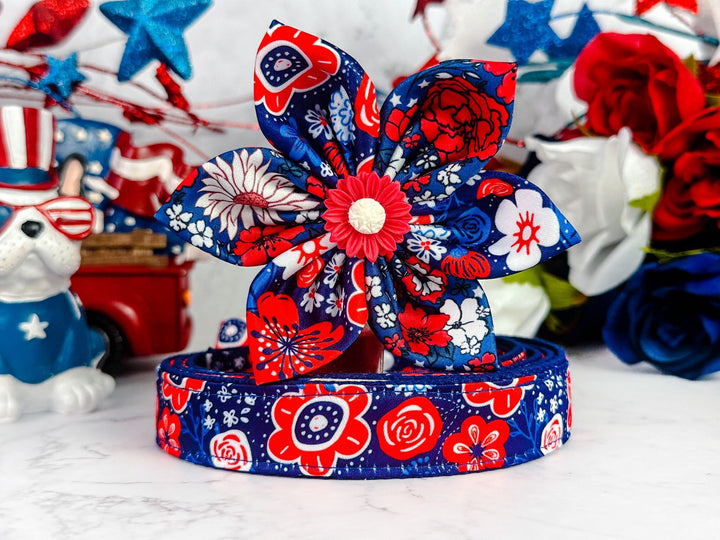 Patriotic floral rose dog collar flower/ cute girl dog collar/ 4th of July dog collar/ summer USA female dog collar/ Memorial day collar