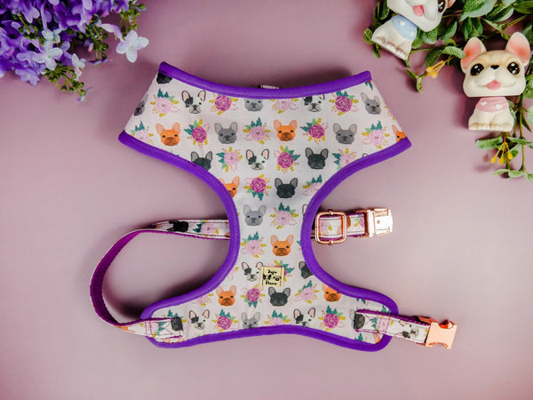 French bulldog harness vest/ Frenchie harness/ Boston Terrier harness/ purple girl boy dog harness/ cute floral harness/ flower harness