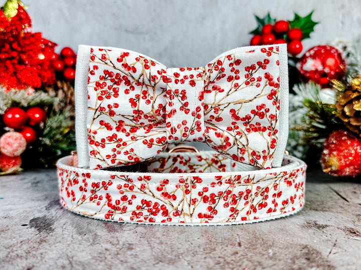 Christmas holly berry dog collar bow tie/ white Christmas dog collar