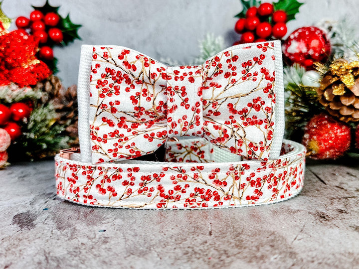 Christmas holly berry dog collar bow tie/ white Christmas dog collar