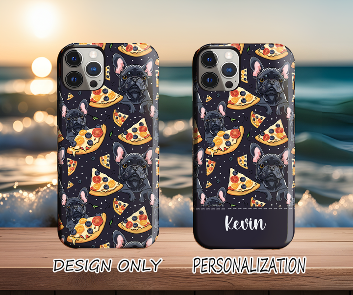 a phone case with a picture of a dog and pizza slices on it