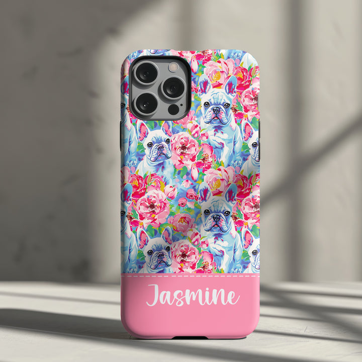 a phone case with a dog and flowers on it