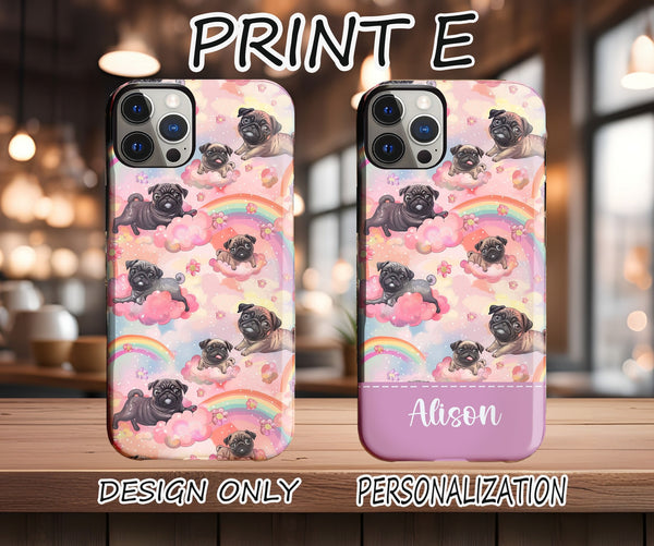 a phone case with a pug on a rainbow background