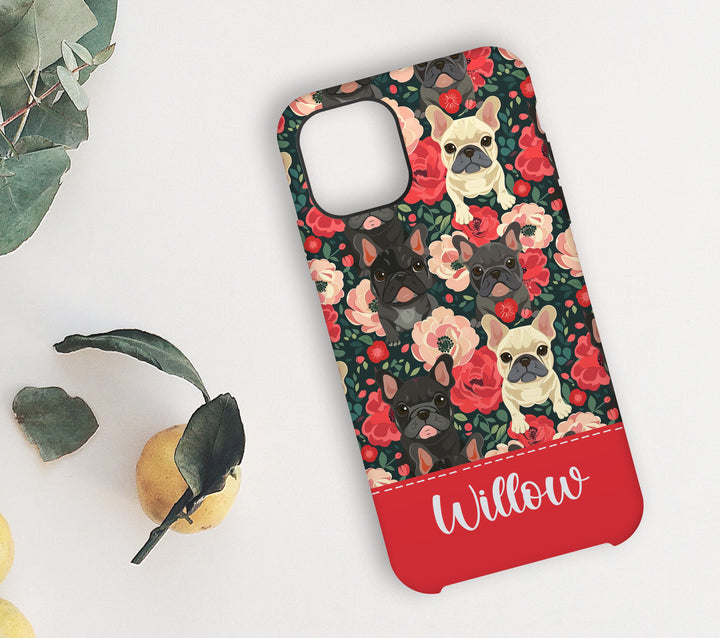 a phone case with a dog and flowers on it