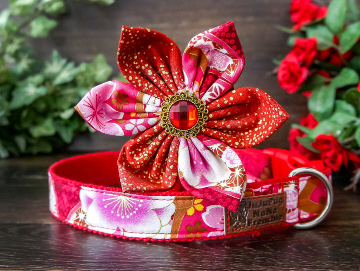 Japanese Kimono dog collar with flower - Tropical flowers