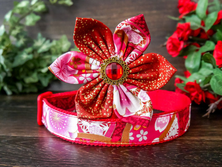 Japanese Kimono dog collar with flower - Tropical flowers