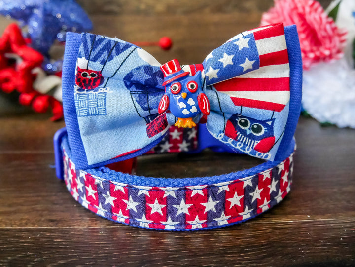 Patriotic dog collar bow tie/ star owl dog collar/ Boy dog collar/ 4th of July dog collar/ USA stripe dog collar/ small large dog collar