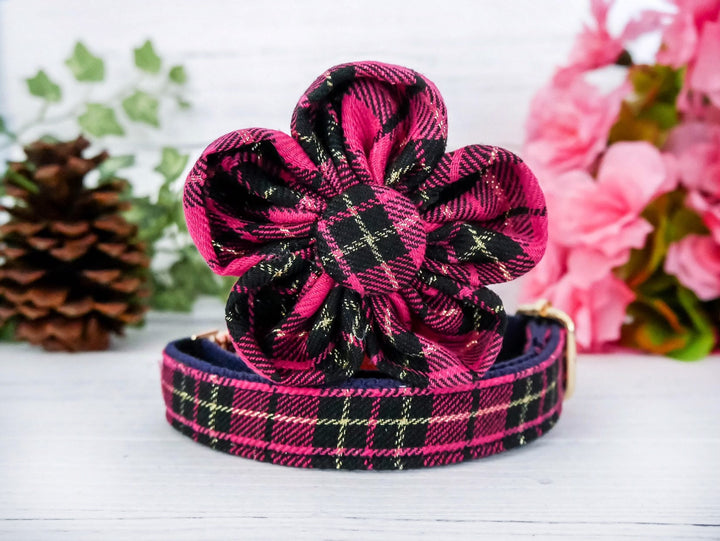 Pink plaid dog collar with flower