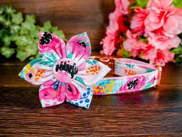 Dog collar with flower - watercolor pink rose