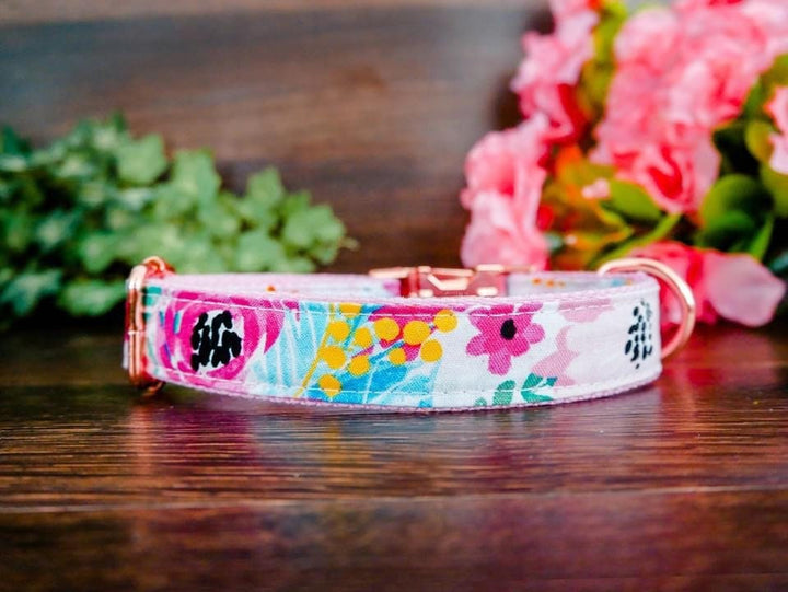 Dog collar with flower - watercolor pink rose