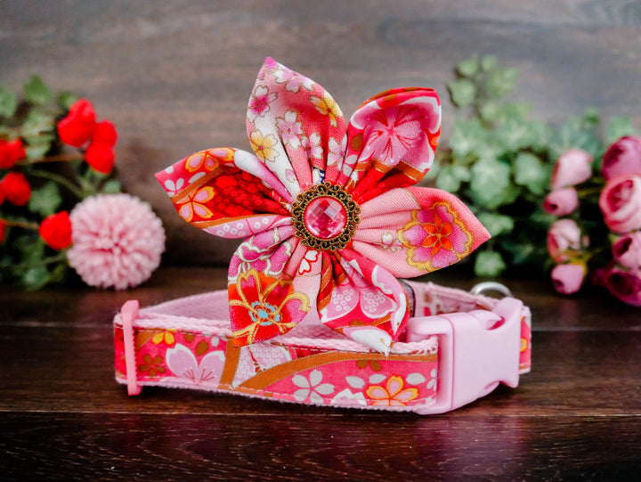 Pink Girl dog collar with flower, tropical floral dog collar, japanese puppy collar, medium large dog collar, female small dog collar, red collar