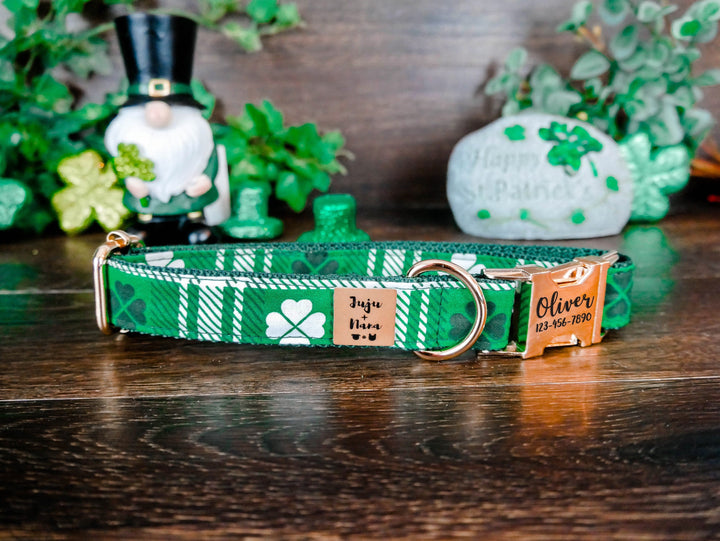 St. Patrick's Day Engraved buckle dog Collar - Plaid and shamrock