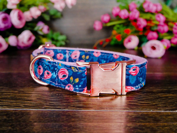 Rifle Paper Co Dog collar - Rosa Navy - Pink trim