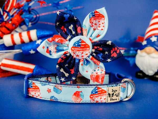 Patriotic cupcake dog collar flower/ cute girl dog collar/ 4th of July dog collar/ Memorial day collar/ usa flag collar/ american star dog