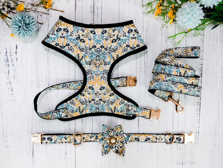 Rifle Paper Co dog harness - MENAGERIE Tapestry Natural Gold Metallic