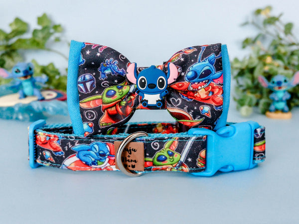 Baby yoda stitch dog collar/ Galaxy rocket dog collar bow tie/ spaceship boy dog collar/ custom adjustable collar/ large small dog collar