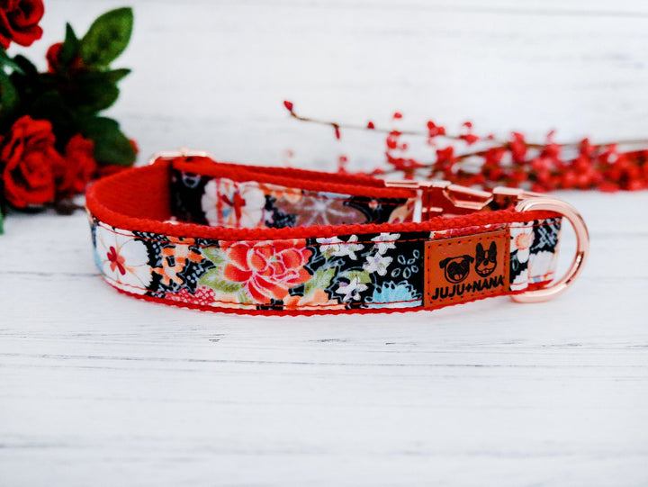 Dog collar - Japanese Kimono black red floral