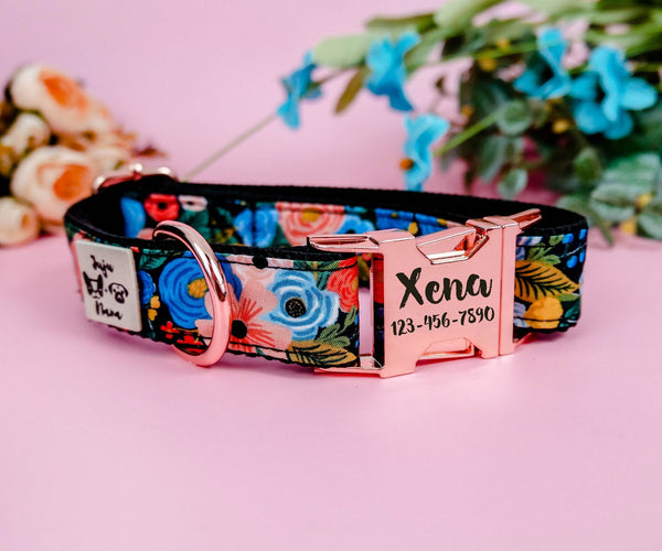 Rifle Paper Co Engraved buckle dog Collar - Garden Party Navy petite print