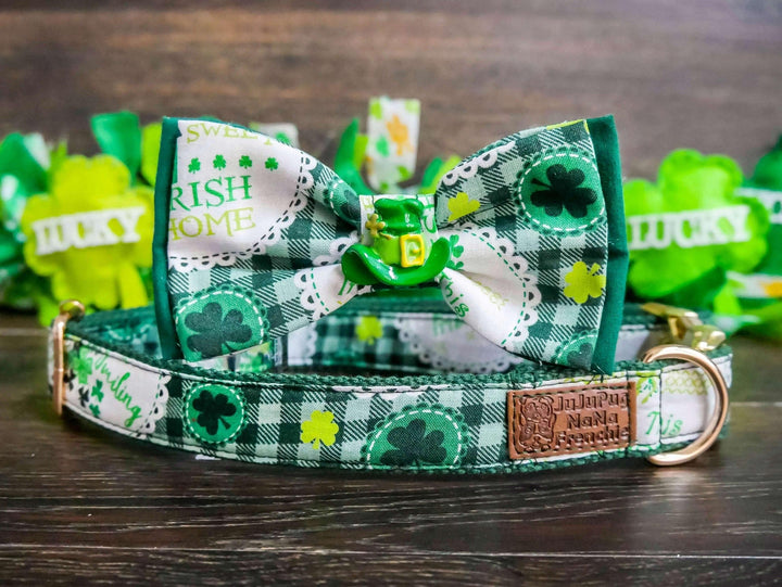 St. Patrick's day dog collar with bow tie - Green plaid and Shamrock