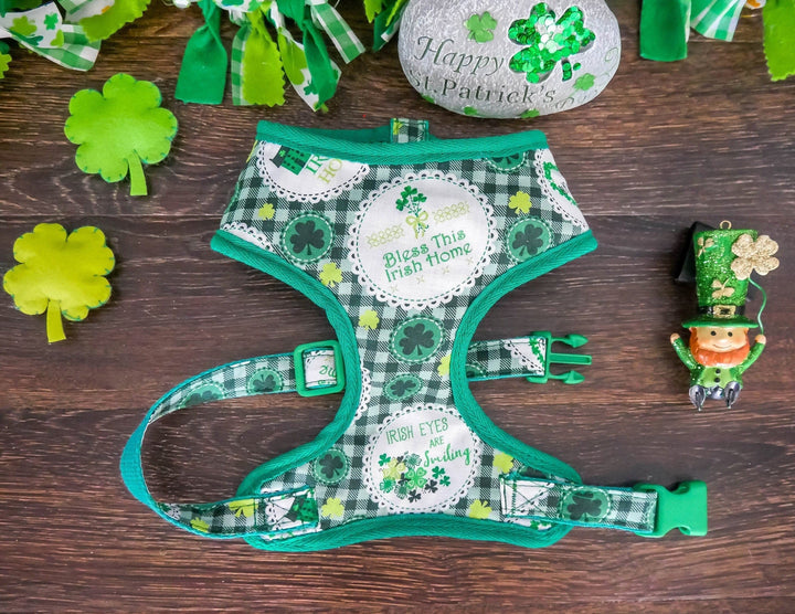 St. Patrick's day dog harness - Green Plaid and shamrock