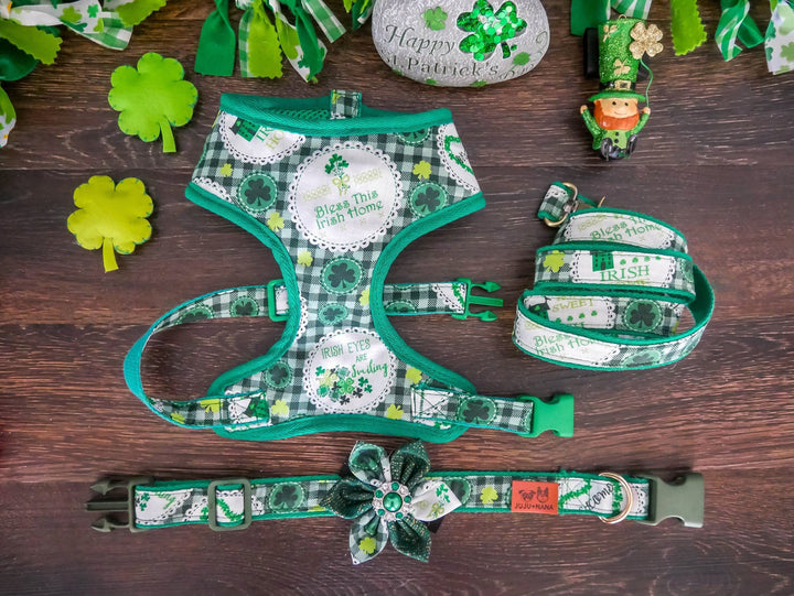 St. Patrick's day dog harness - Green Plaid and shamrock