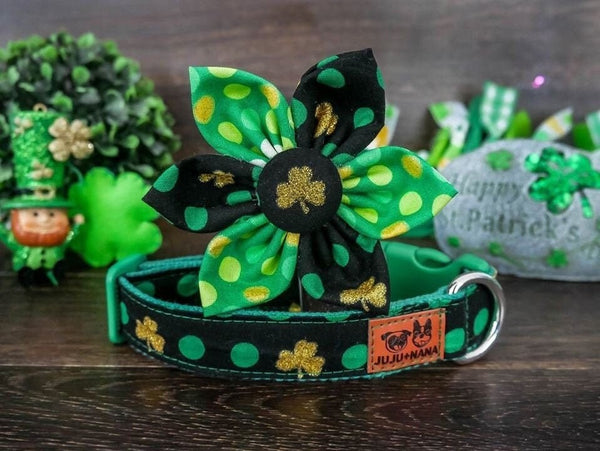 St. Patrick's day dog collar with flower - Polka dots with glitter