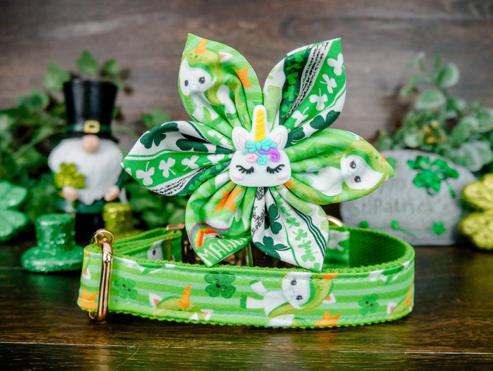 St. Patrick's Day dog collar with flower - rainbow unicorn