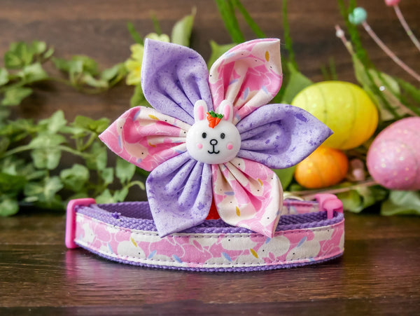 Easter Purple pink bunnies dog collar with flower