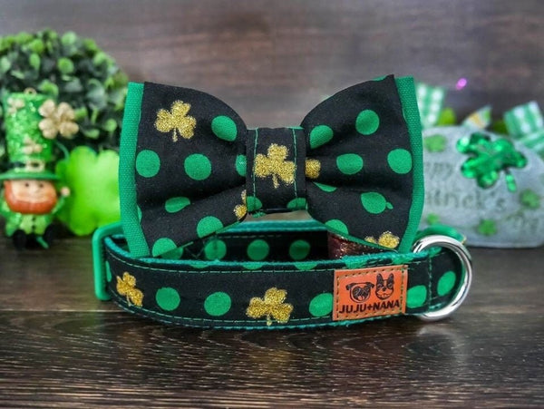 St. Patrick's day dog collar bow tie - polka dot with glitter