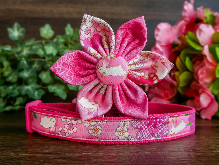 Japanese kimono bunny dog collar with flower - Pink
