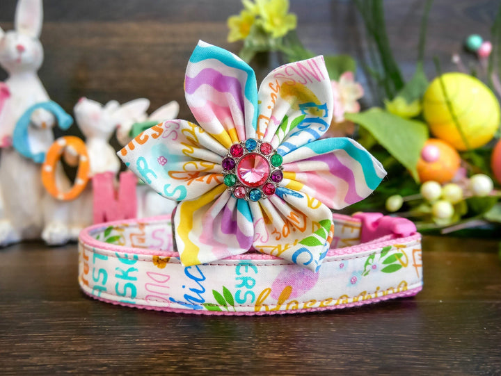 Easter words dog collar with flower (pink)