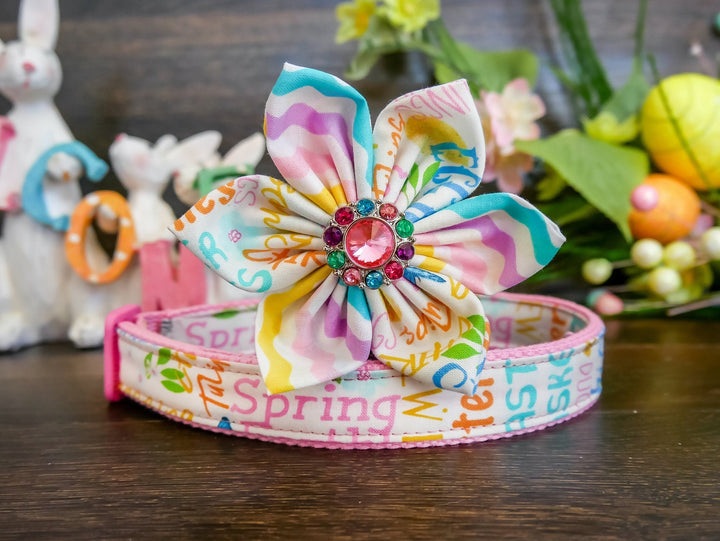 Easter words dog collar with flower (pink)