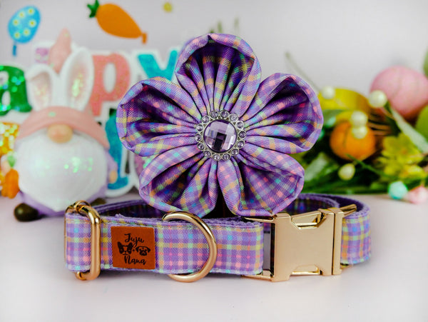Easter dog collar with flower - purple gingham plaid