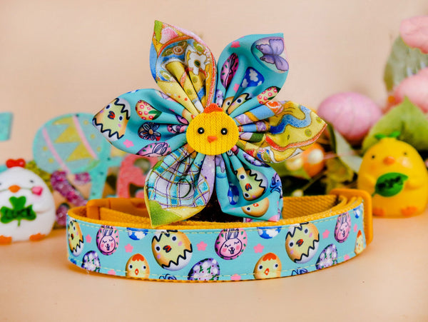 Easter dog collar with flower - chicken and eggs