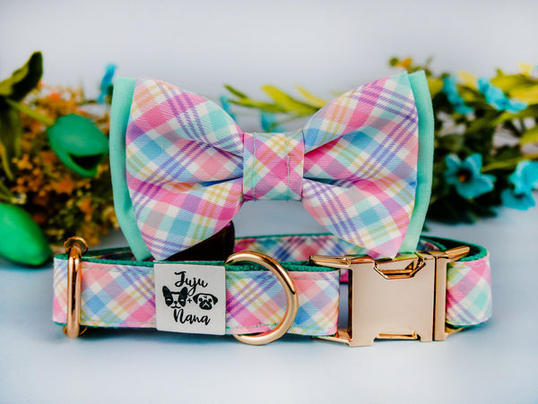 dog collar with bow tie - Spring rainbow plaid