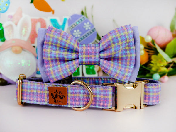 Easter dog collar with bow tie - purple gingham plaid