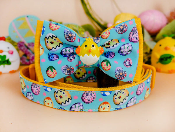 Easter dog collar with bow tie - chicken and eggs