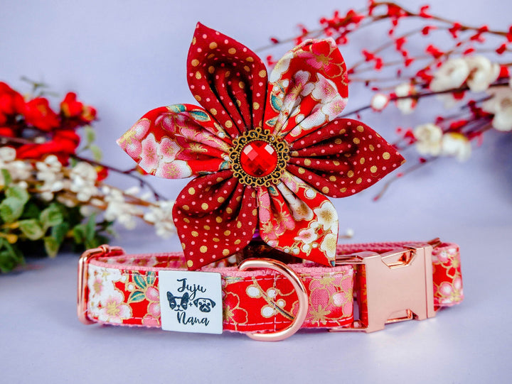 Dog collar with flower - Red glitter Sakura