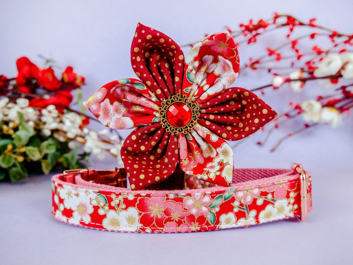 Dog collar with flower - Red glitter Sakura