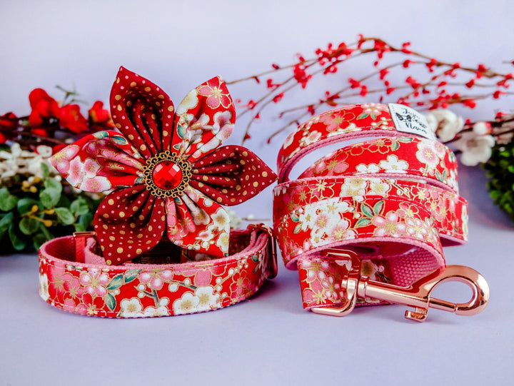 Dog collar with flower - Red glitter Sakura